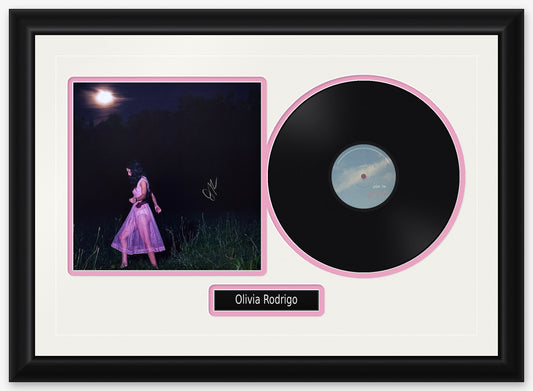 Olivia Rodrigo signed art card framed with the black LP of you seem pretty sad for a girl so in love, white mat with pink reveals