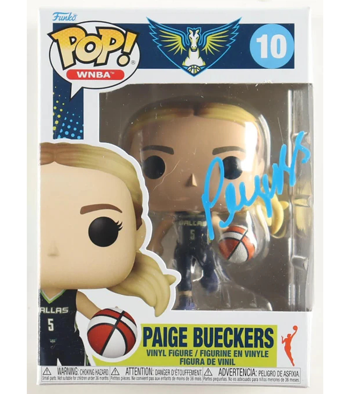 Paige Bueckers signed Funko Pop! WNBA #10 in the Dallas Wings number 5 jersey, hand signed on the clear box window