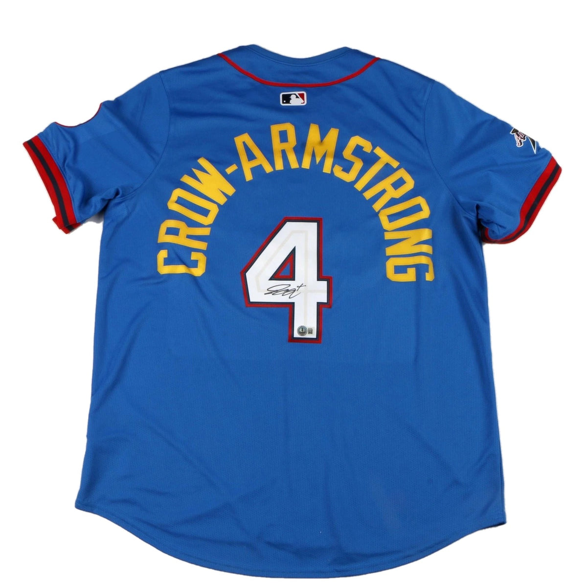 Back of Pete Crow-Armstrong signed 2025 National League All-Star Game jersey, royal blue with gold CROW-ARMSTRONG nameplate and signed #4