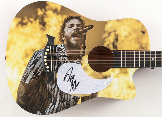 Post Malone signed full size cutaway acoustic guitar with gold-toned live photo artwork, hand signed in black on the white pearl pickguard, JSA certified