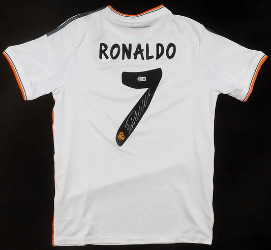 Back of a Cristiano Ronaldo signed white Real Madrid Adidas jersey, signed in black on the number 7, Beckett authenticated