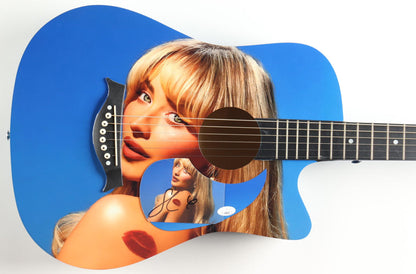 Sabrina Carpenter signed blue acoustic guitar with a custom Short n' Sweet portrait wrap, signature on the body, JSA certified
