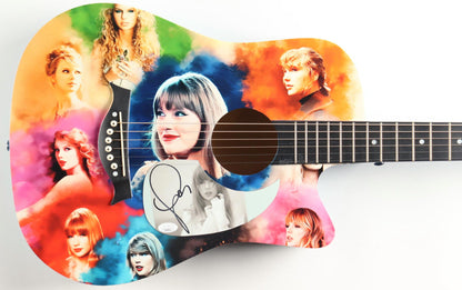 Taylor Swift signed acoustic guitar wrapped in a collage of her album eras, signature on the body, JSA certified
