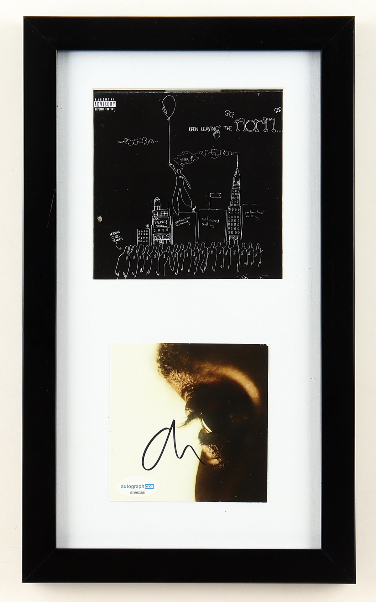 The Weeknd signed Hurry Up Tomorrow art card with an ACOA sticker, framed below the Basquiat Upon Leaving the Norm collector cover art, white mat and black frame